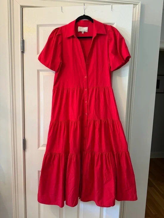 Brochu Walker Red Button-Front Tiered Midi Dress with Puff Sleeves - Picture 5 of 7